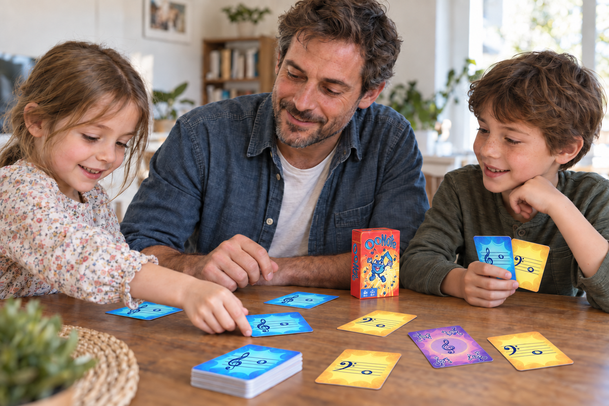 Scène d’illustration : un père et ses deux enfants jouent aux cartes OONOTE autour d’une table